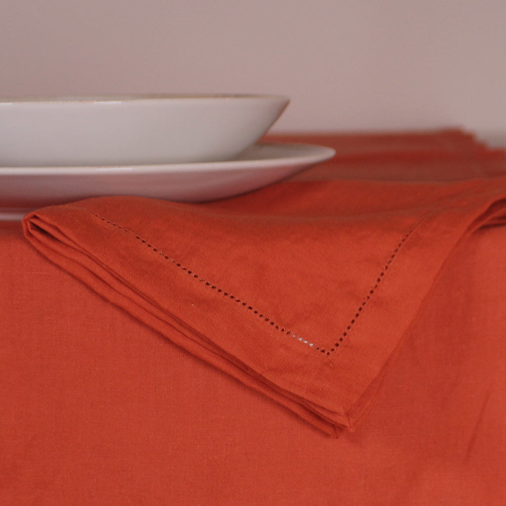 Hemstitched coral linen napkins Linenshed