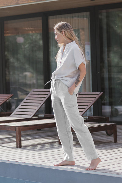 Pantalon décontracté pour femme en lin Gris Minéral 