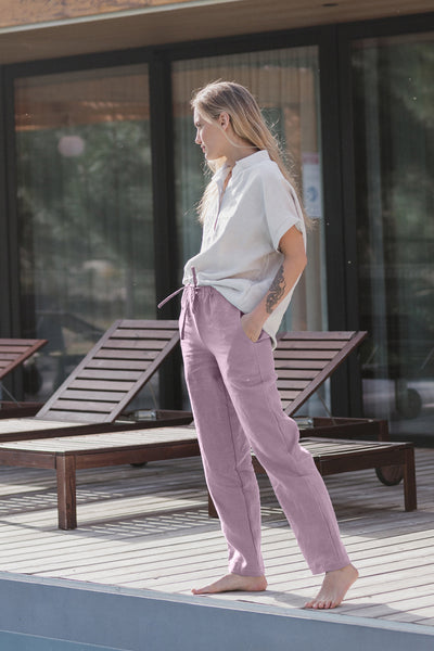 Pantalon décontracté pour femme en lin Lilas 