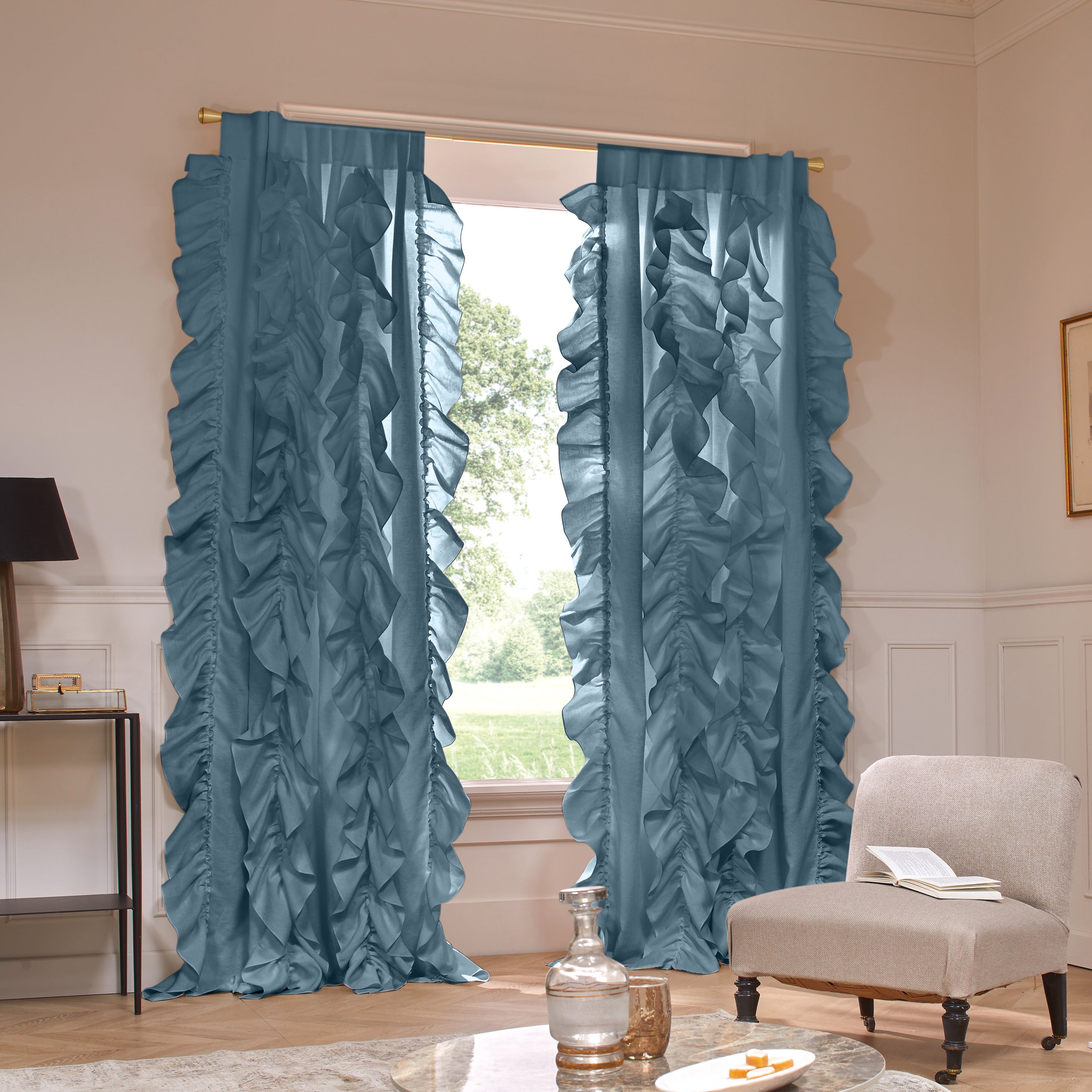 Ruffled blue linen curtain | Linenshed