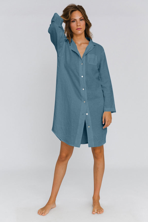 Chemise de nuit « Eliza » en lin Bleu Français 