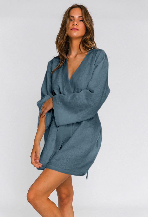 Linen short Kimono bath robe blue | Linenshed