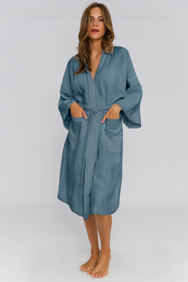 Linen Kimono bath robe blue | Linenshed