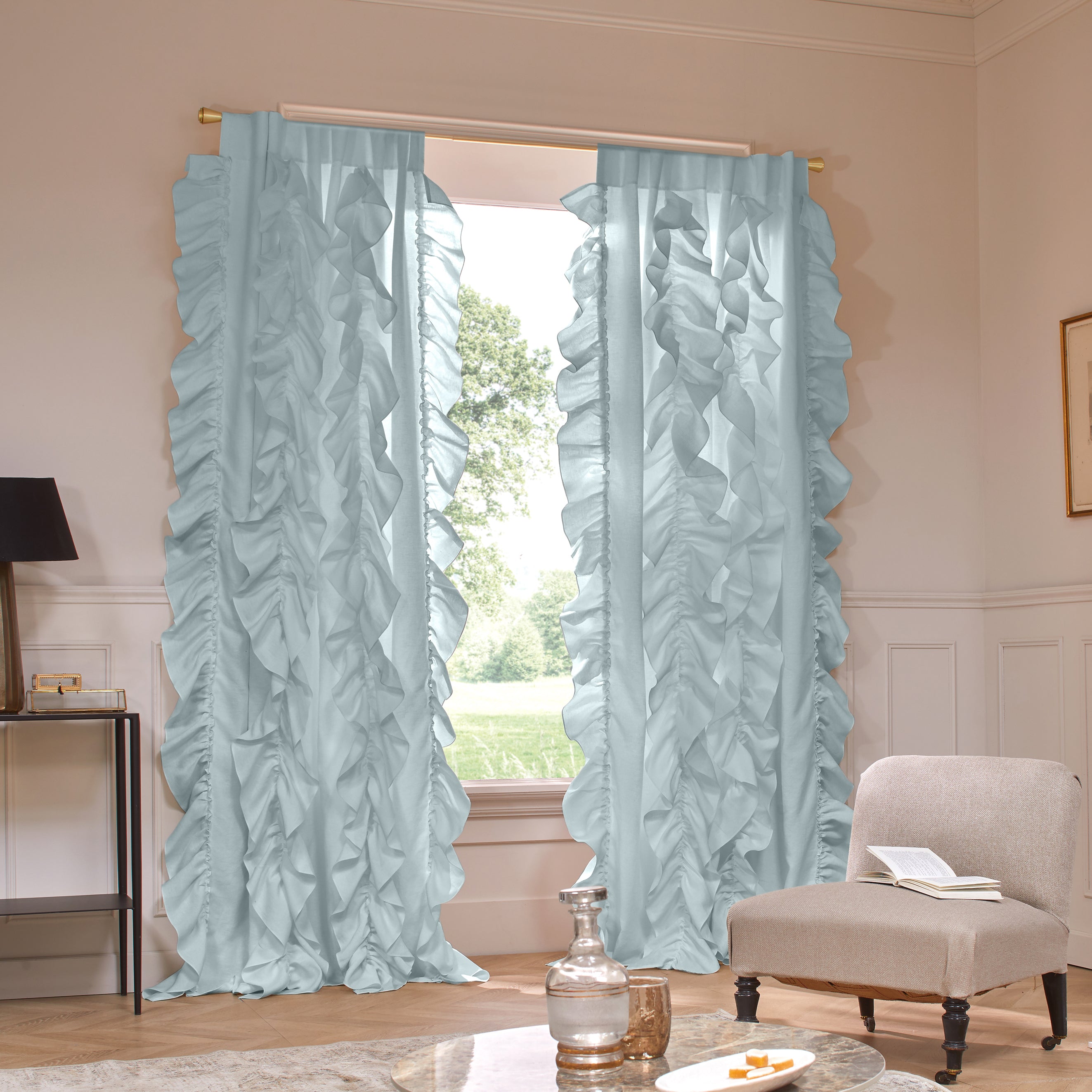 Custom ruffled light blue linen curtain | Linenshed
