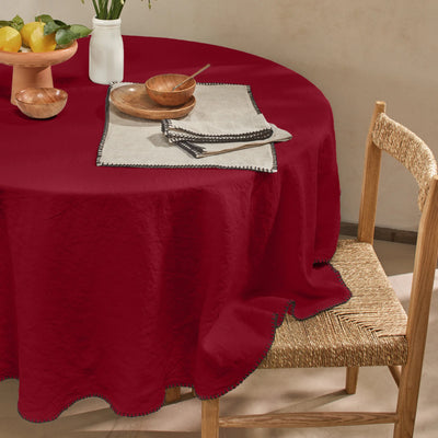 Nappe ronde en lin lavé avec point de cheval bordeaux
