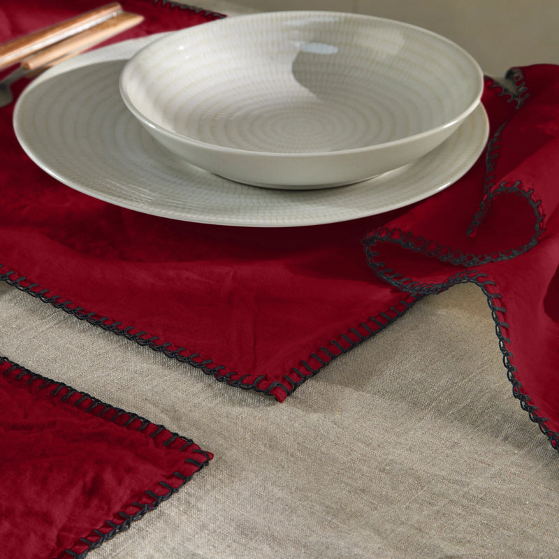 Sets de table bordé "Point de Cheval" en lin bordeaux