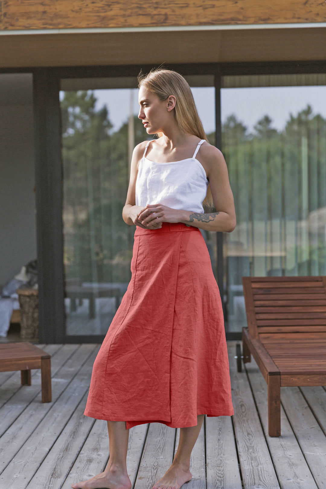 Long flared linen skirt red brick | Linenshed 