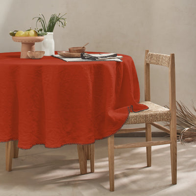 Nappe ronde en lin avec point de cheval corail