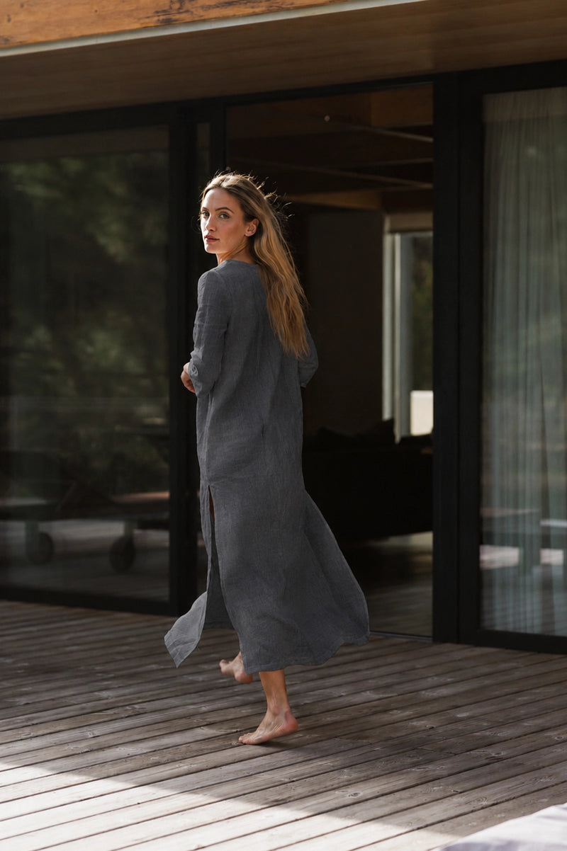 grey linen dress uk Long slit tunic in dark zikai