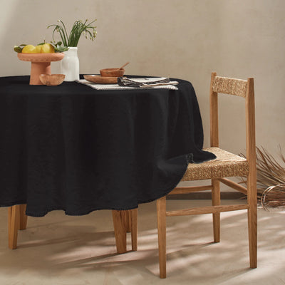 Nappe ronde en lin avec point de cheval encre noire