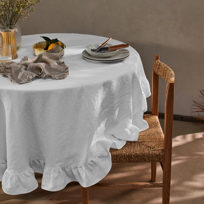 Nappe en lin lavé ovale a volant gris minéral