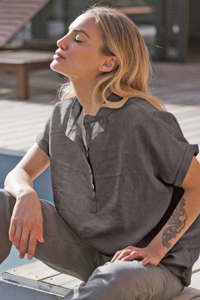chemisier en lin lavé manches courtes Gris Plomb 