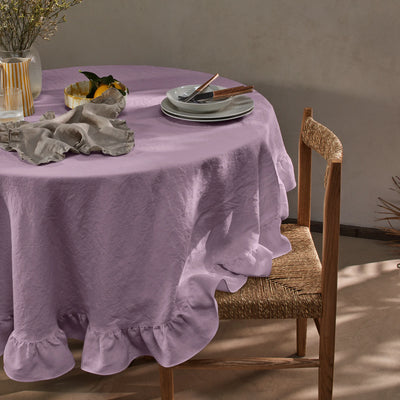 Nappe ronde en lin lavé à volant lilas