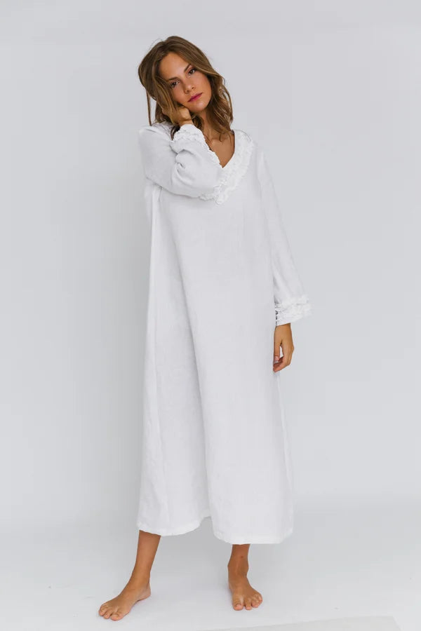 Longue Robe de nuit en lin lavé à mini volants Blanc 8 