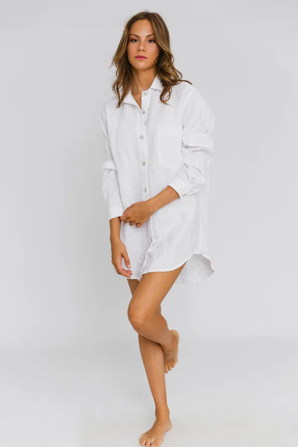 Chemise de nuit en lin boutonnée « Eliza » pour Femme Blanc Optique 14 