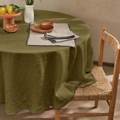 Nappe ronde en lin point de cheval vert olive