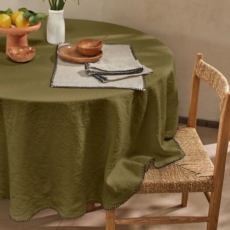 Nappe ronde en lin point de cheval vert olive
