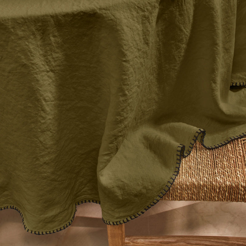 Nappe ronde en lin lavé point de cheval vert olive
