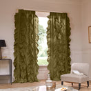 Custom ruffled green olive linen curtain - Drops