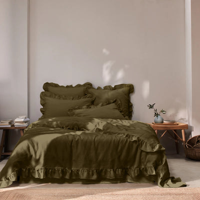 housse de couette 100% lin à volants Olive Verte