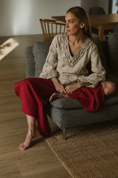 Robe de nuit courte en lin à mini volants Nature