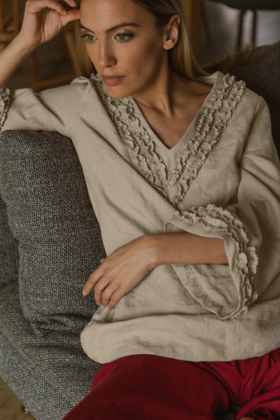 Robe de nuit courte en lin lavé à mini volants naturel
