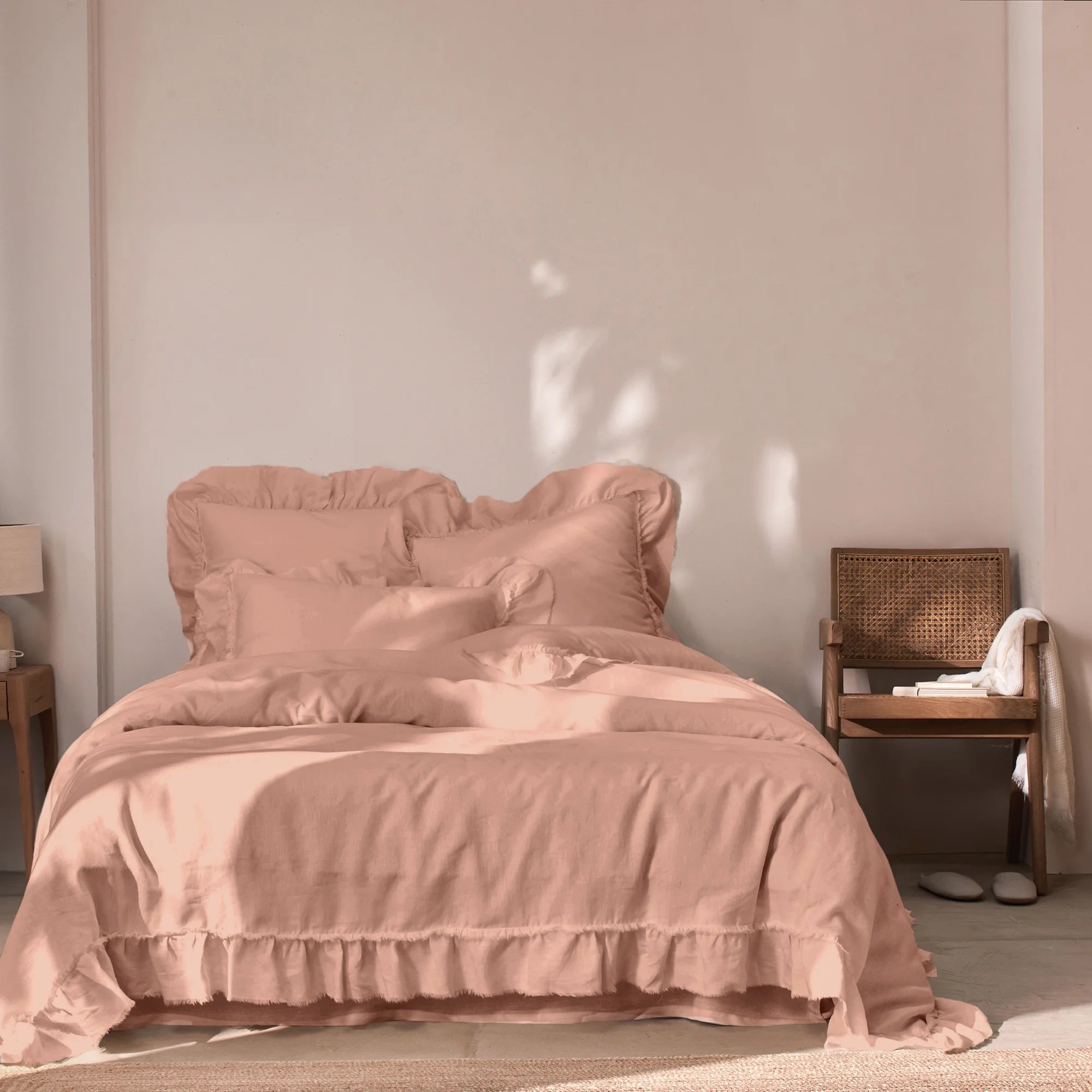Frayed ruffle pink linen duvet cover Linenshed