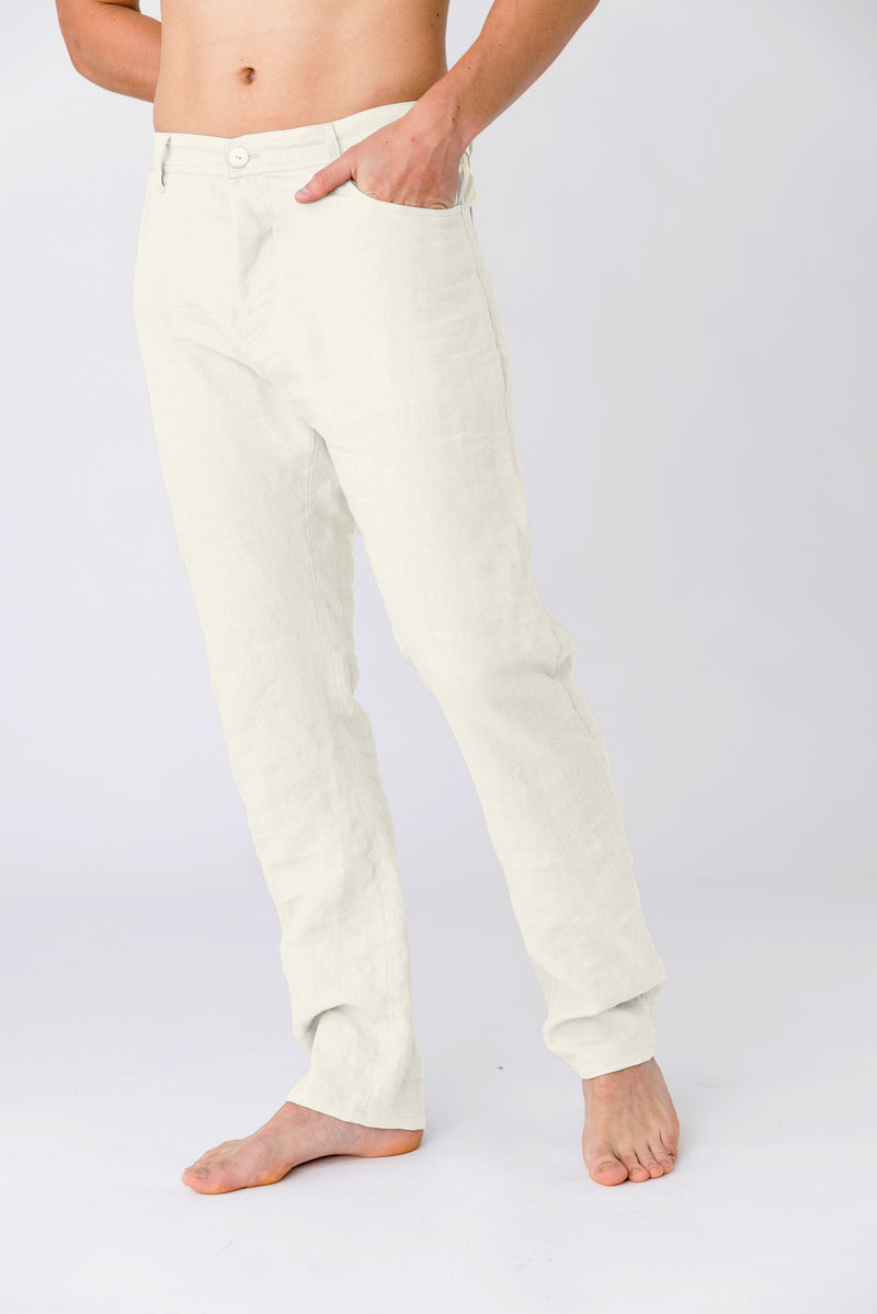 Pantalon en lin, style Jeans "Flavio" Ivoire 