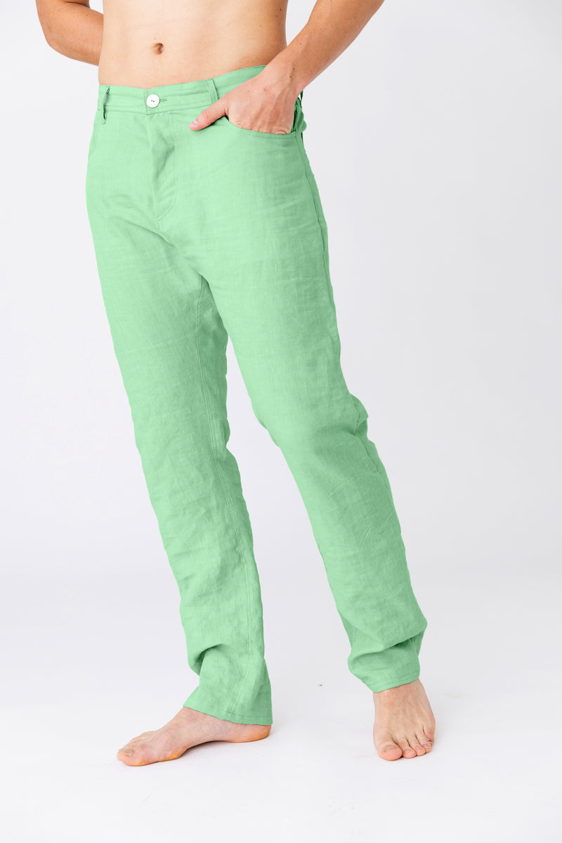 Pantalon en lin, style Jeans "Flavio" Vert Menthe 