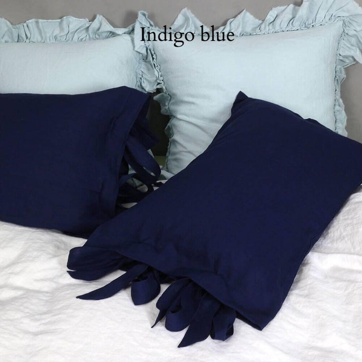Linen Pillowcases with Bow Ties Indigo Blue