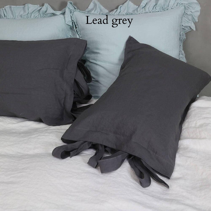 Linen Pillowcases with Bow Ties Lead Gray