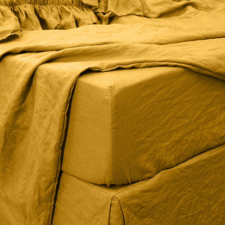 Washed Linen Fitted Sheet Mustard