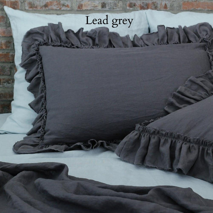 Pure Linen Frayed Edged Pillowcases Lead Gray