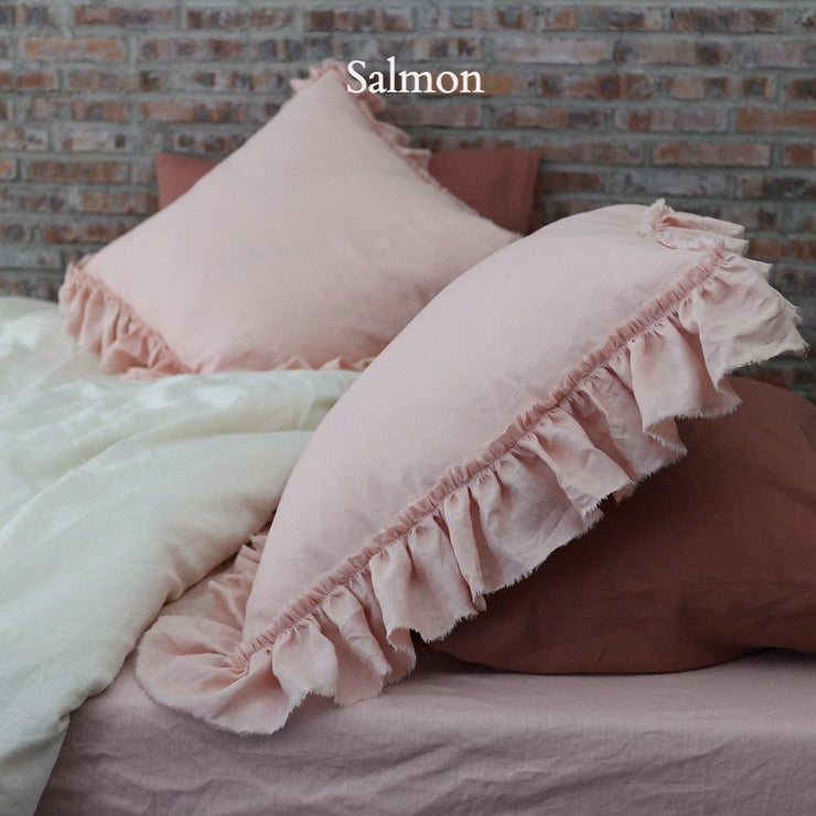 Pure Linen Frayed Edged Pillowcases Salmon