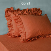 Frayed ruffled pillowcases Coral - Linenshed