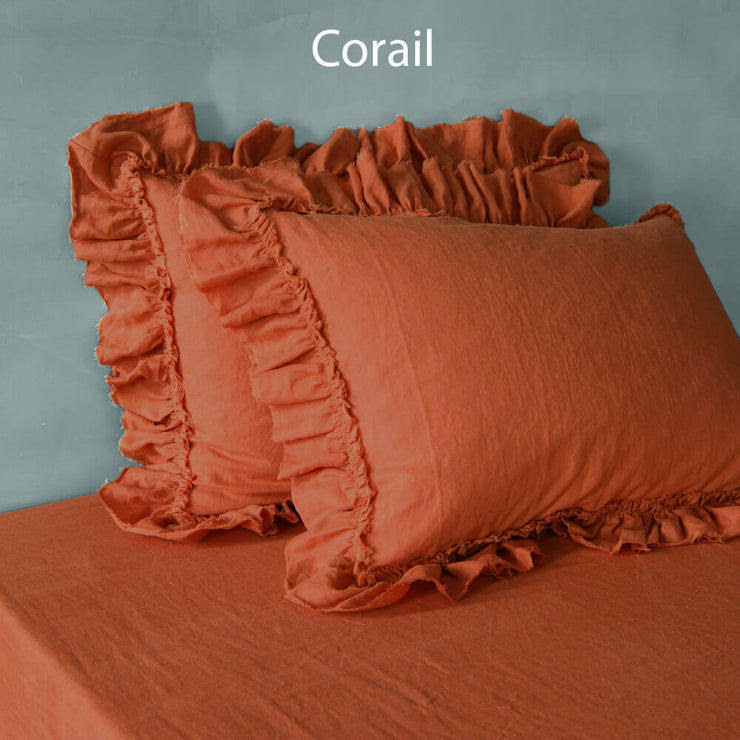 Frayed ruffled pillowcases Coral - Linenshed