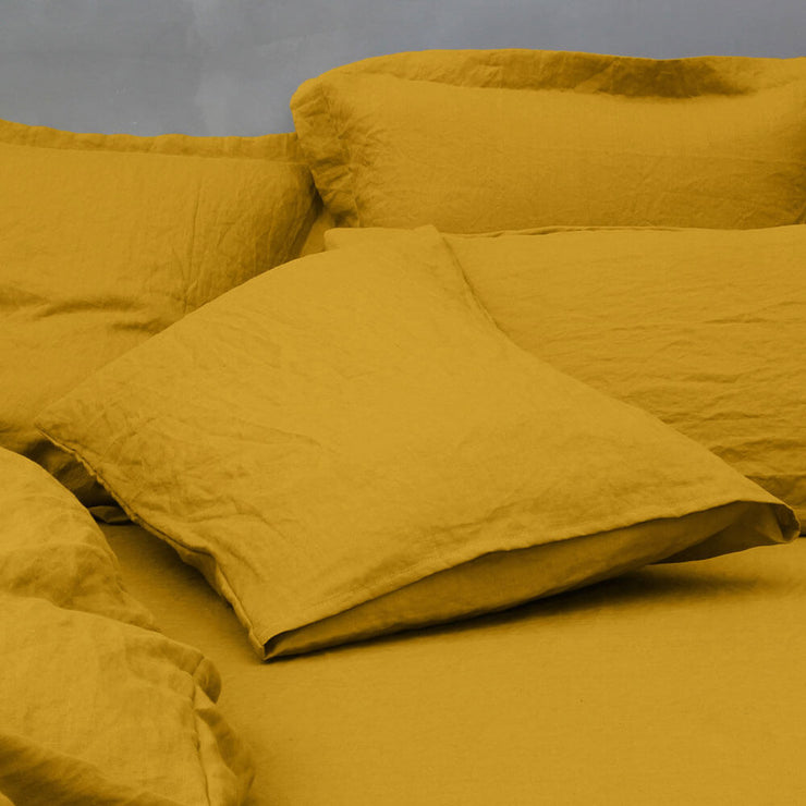Side Opening Detail Of Mustard Linen Pillowcases