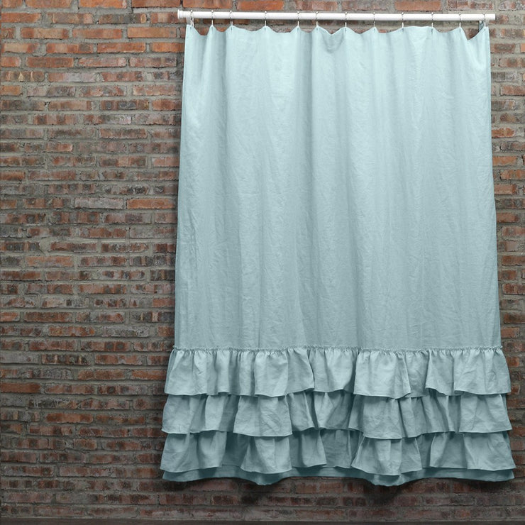 Ruffled Shower Linen Curtain in Icy Blue
