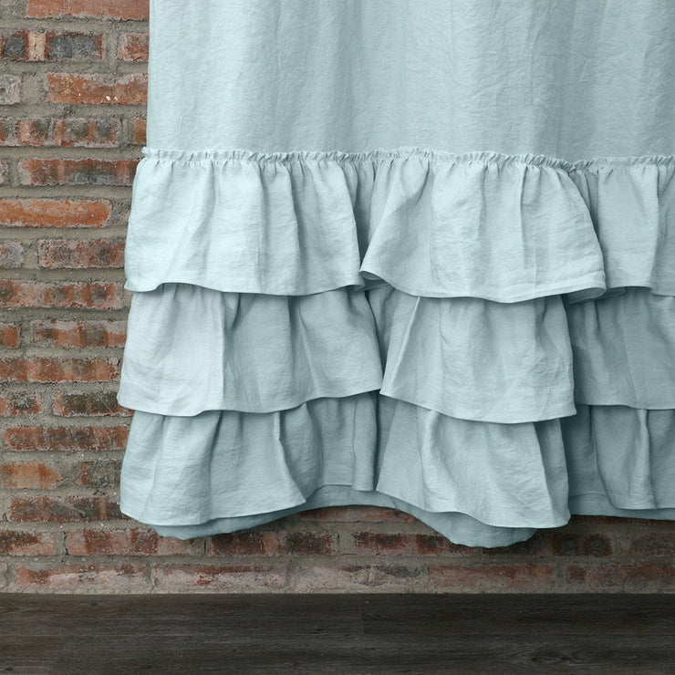 Closeup Ruffled Shower Linen Curtain in Icy Blue
