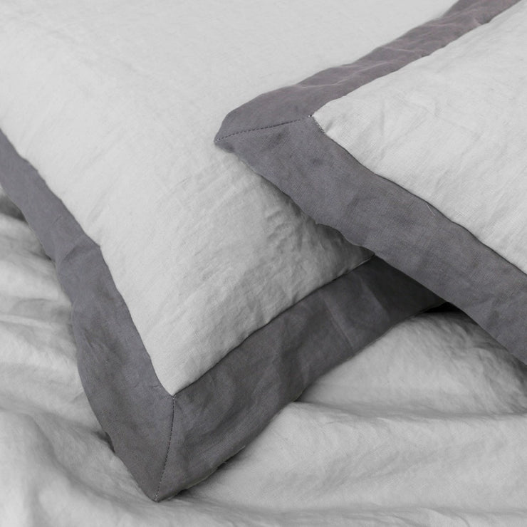 Oxford Border Linen Pillowcases in Stone Grey/ Lead Grey
