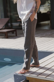 Ladies Linen Trousers With Tie Band At Low Waist #colour_gris-plomb