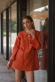 Casual Short washed linen tunic #colour_corail