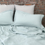 Linen Flanged Shams Pair Icy Blue with Stone Grey Euro Pillowcases