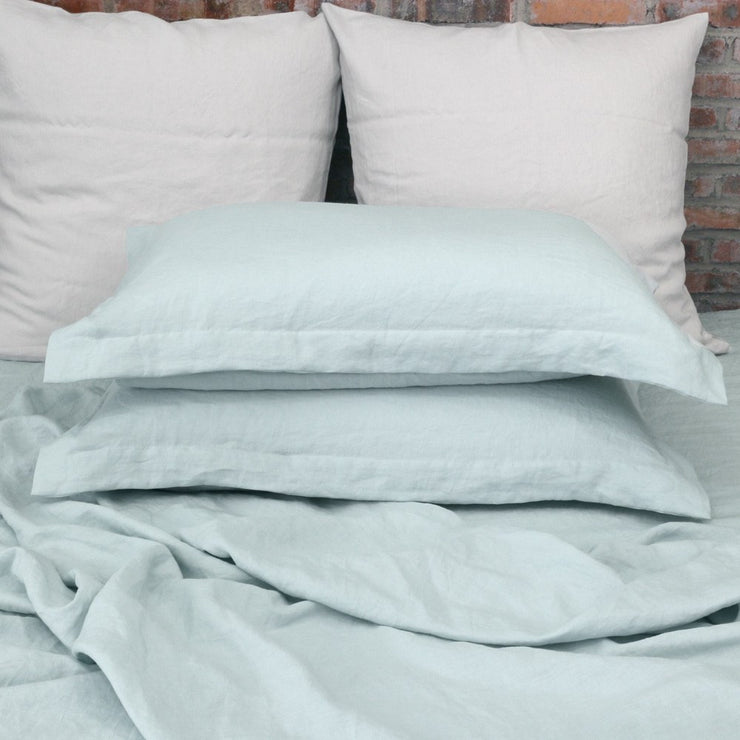 Linen Flanged Pillowcases Pair Icy Blue 