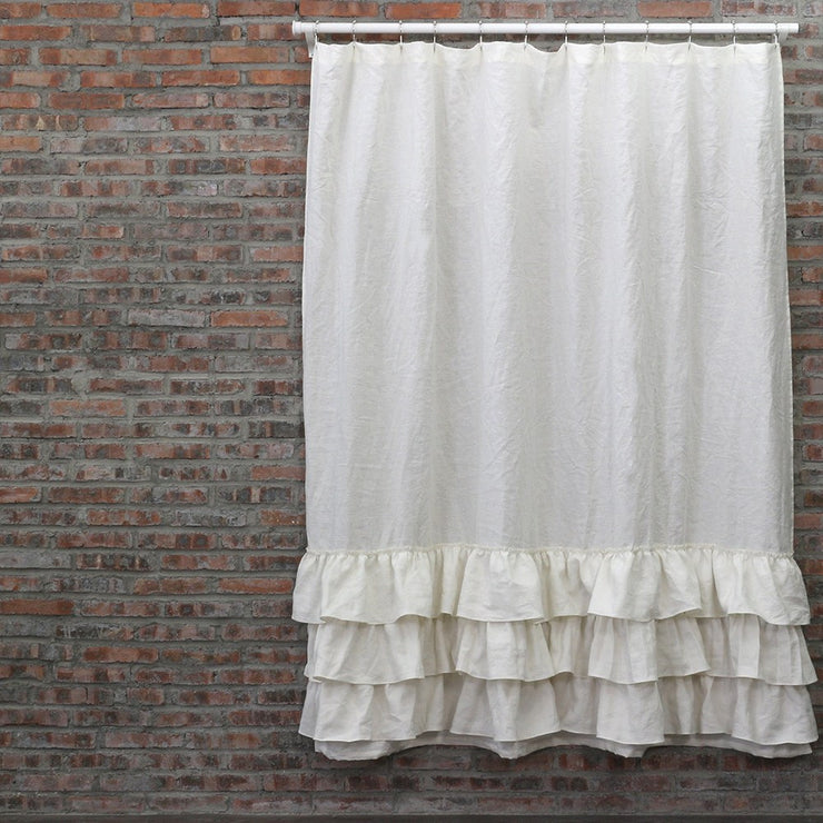 Ruffled Shower Linen Curtain in Ivory