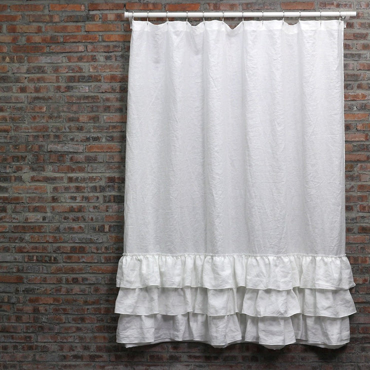 Ruffled Shower linen Curtain in Optic White