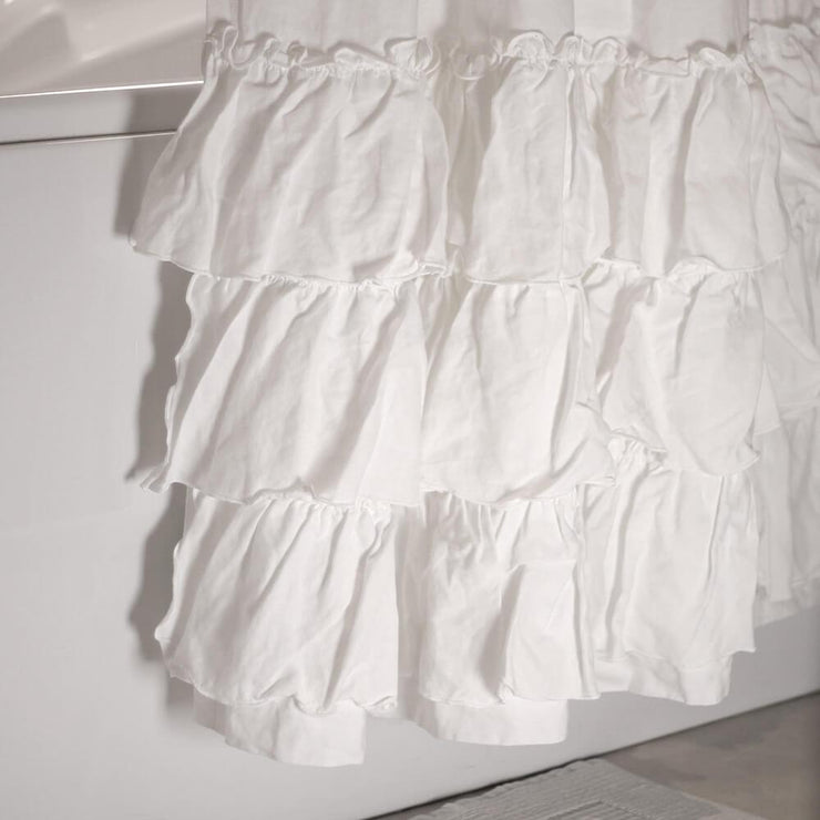 Linen Ruffles Shower Curtain Optic White Closeup - Linenshed