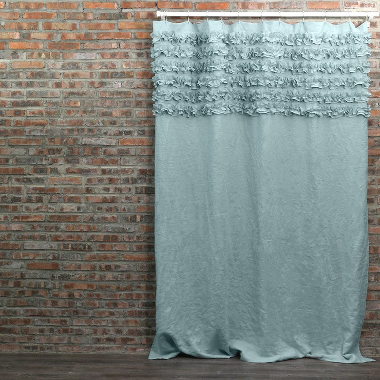  Ruffled Washed Linen Bath Curtains Icy Blue