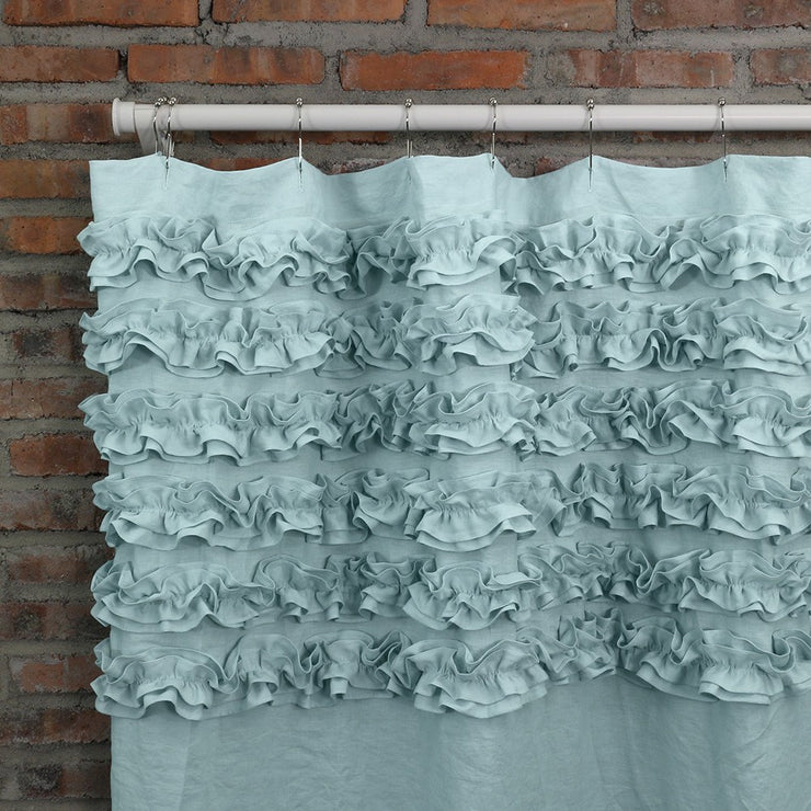 Shabby Chic Ruffle Washed Linen Shower Curtain Icy Blue