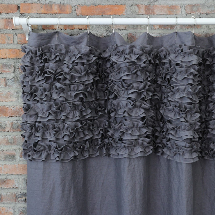 Shabby Chic Ruffle Washed Linen Shower Curtain Lead Gray